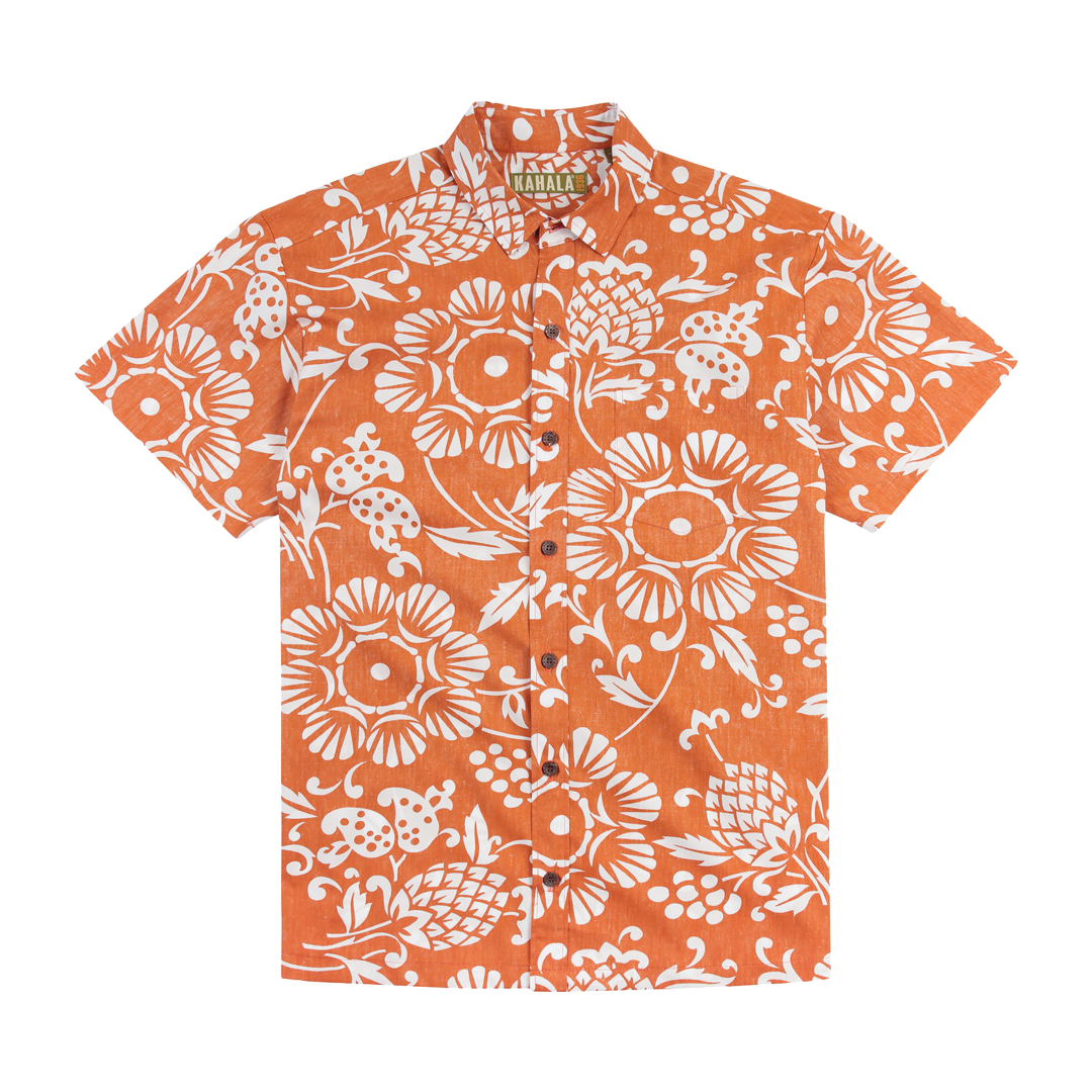 Kahala Men's Aloha Shirt Duke's Pareo design in Vintage Orange colour at Inner Beach Co, Toronto, Canada