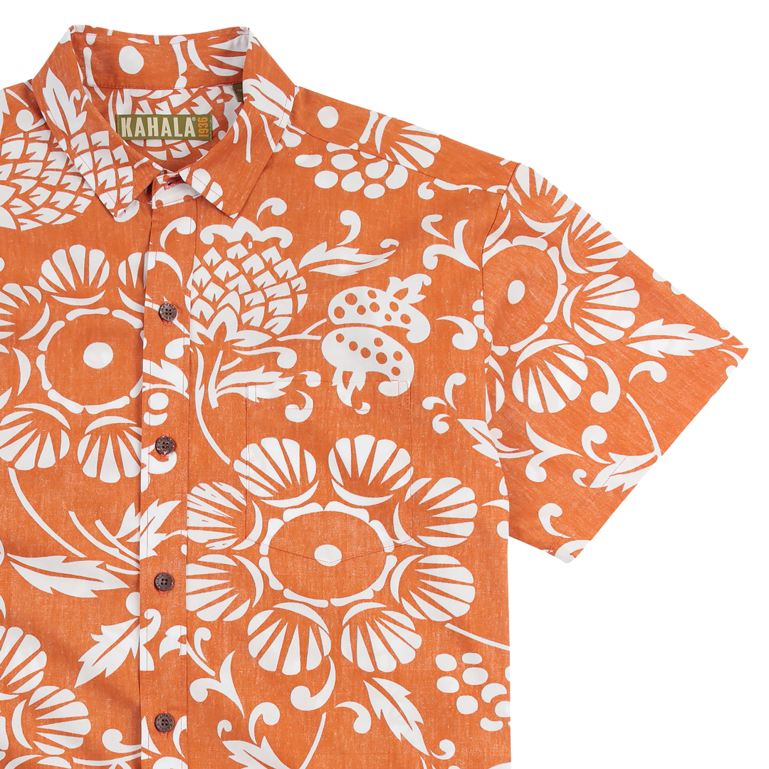 Pocket and sleeve detail of Kahala Men's Aloha Shirt Duke's Pareo design in Vintage Orange colour at Inner Beach Co, Toronto, Canada