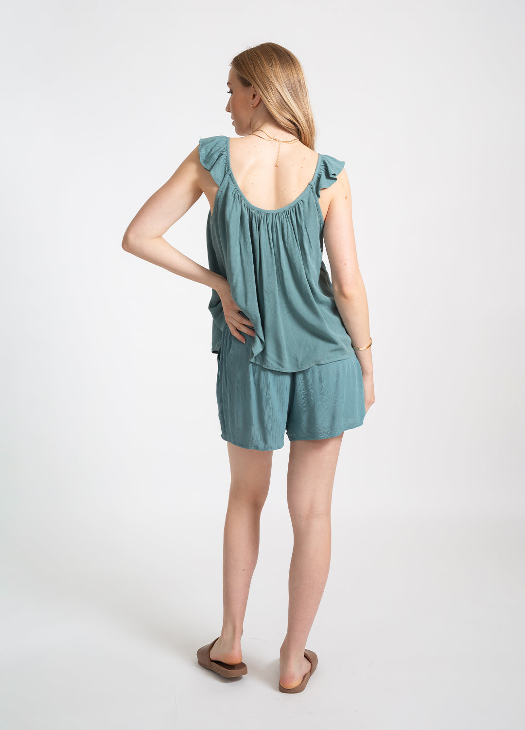 Koy Resort Miami Ruffle Strap Tank Top in a beautiful blue jade colour made from easy wearing crinkle rayon at Inner Beach Co, Toronto, Ontario, Canada