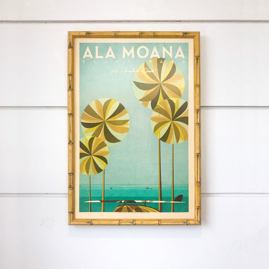 Nick Kuchar Ala Moana Beach Park 12x18 vintage inspired Hawaiian Travel Print in bamboo frame at Inner Beach Co Port Credit Ontario Canada