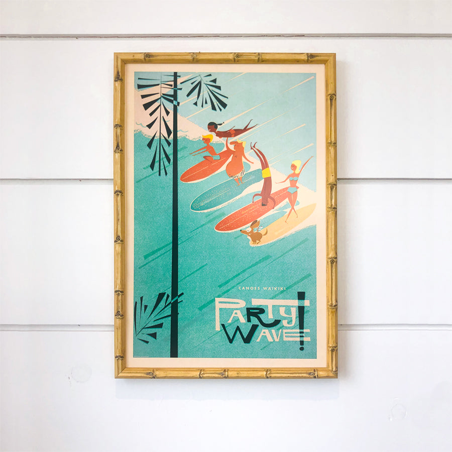 Nick Kuchar Canoes Waikiki Party Wave 12x18 vintage inspired Hawaiian Travel Print in bamboo frame at Inner Beach Co Port Credit Ontario Canada