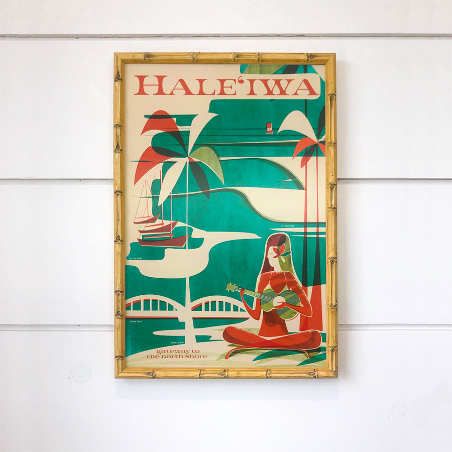 Nick Kuchar Hale'iwa 12x18 vintage inspired Hawaiian Travel Print in bamboo frame at Inner Beach Co Port Credit Ontario Canada