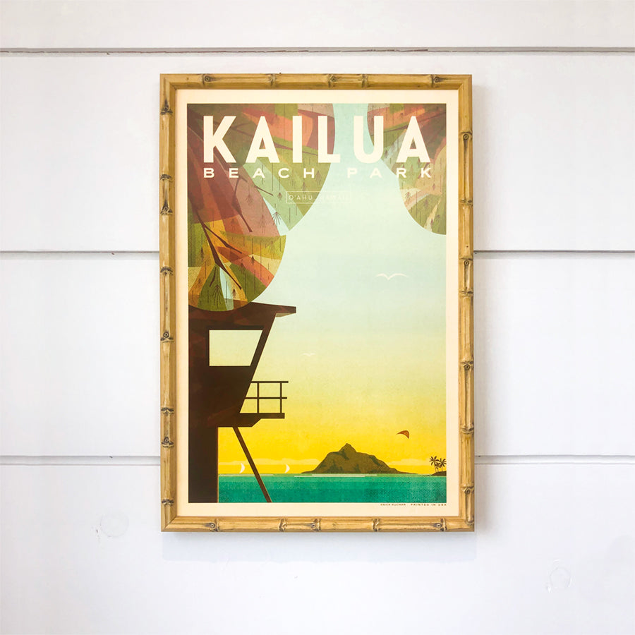 Nick Kuchar Kailua Beach Park 12x18 vintage inspired Hawaiian Travel Print in bamboo frame at Inner Beach Co Port Credit Ontario Canada