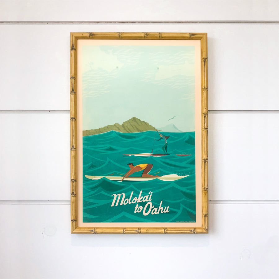 Nick Kuchar Moloka'i to O'ahu 12x18 vintage inspired Hawaiian Travel Print in bamboo frame at Inner Beach Co Port Credit Ontario Canada