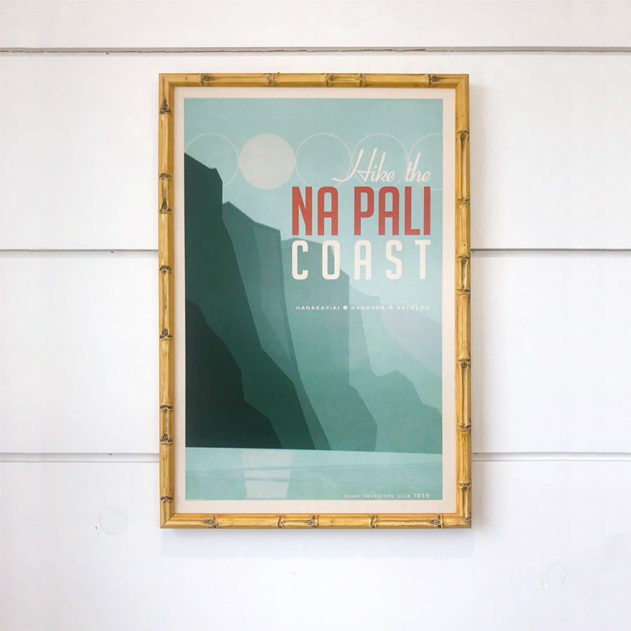 Nick Kuchar Na Pali Coast 12x18 vintage inspired Hawaiian Travel Print in bamboo frame at Inner Beach Co Port Credit Ontario Canada