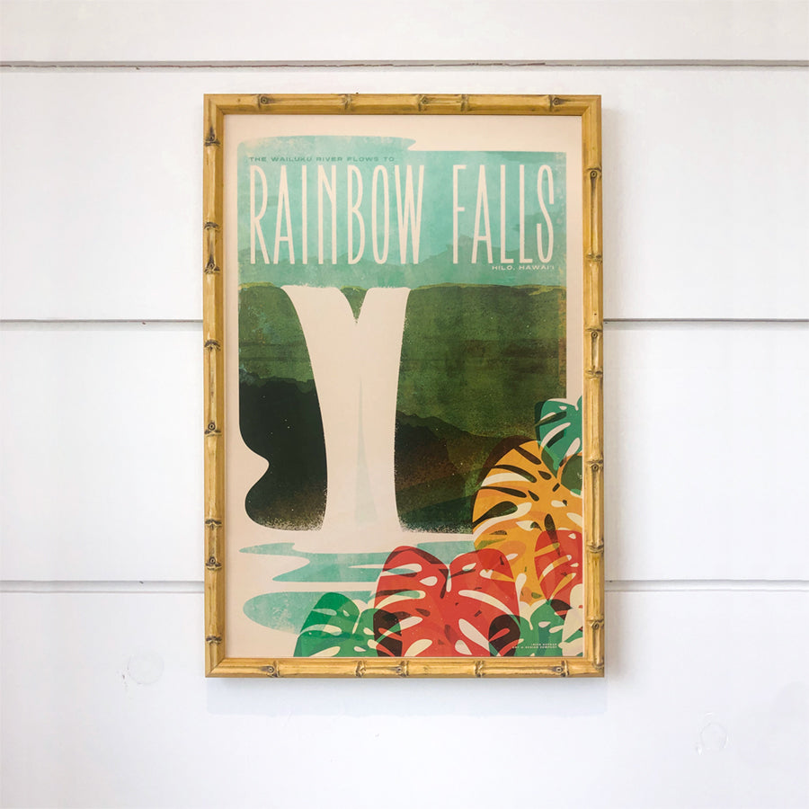 Nick Kuchar Rainbow Falls 12x18 vintage inspired Hawaiian Travel Print in bamboo frame at Inner Beach Co Port Credit Ontario Canada