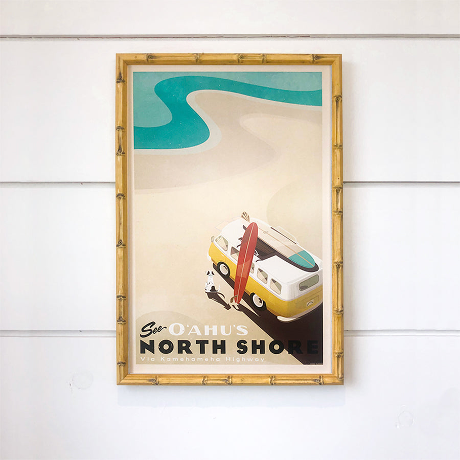 Nick Kuchar See O'ahu's North Shore 12x18 vintage inspired Hawaiian Travel Print in bamboo frame at Inner Beach Co Port Credit Ontario Canada
