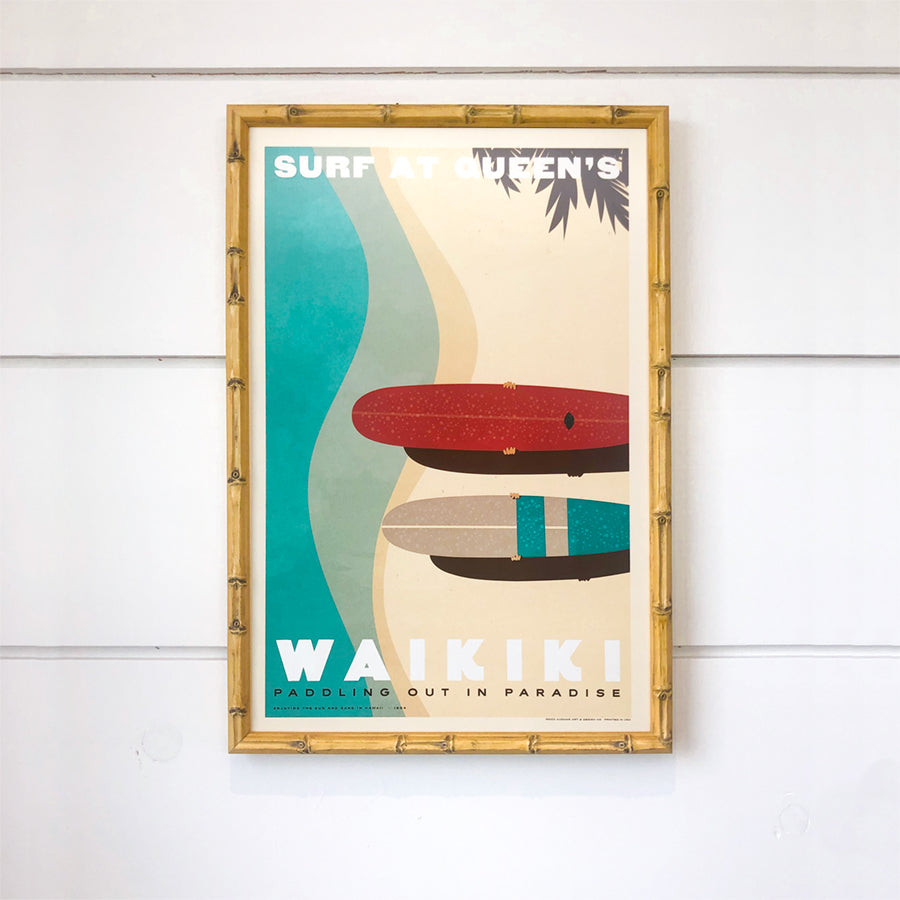 Nick Kuchar Surf at Queen's Waikiki 12x18 vintage inspired Hawaiian Travel Print in bamboo frame at Inner Beach Co Port Credit Ontario Canada