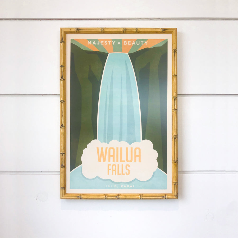 Nick Kuchar Wailua Falls 12x18 vintage inspired Hawaiian Travel Print in bamboo frame at Inner Beach Co Port Credit Ontario Canada