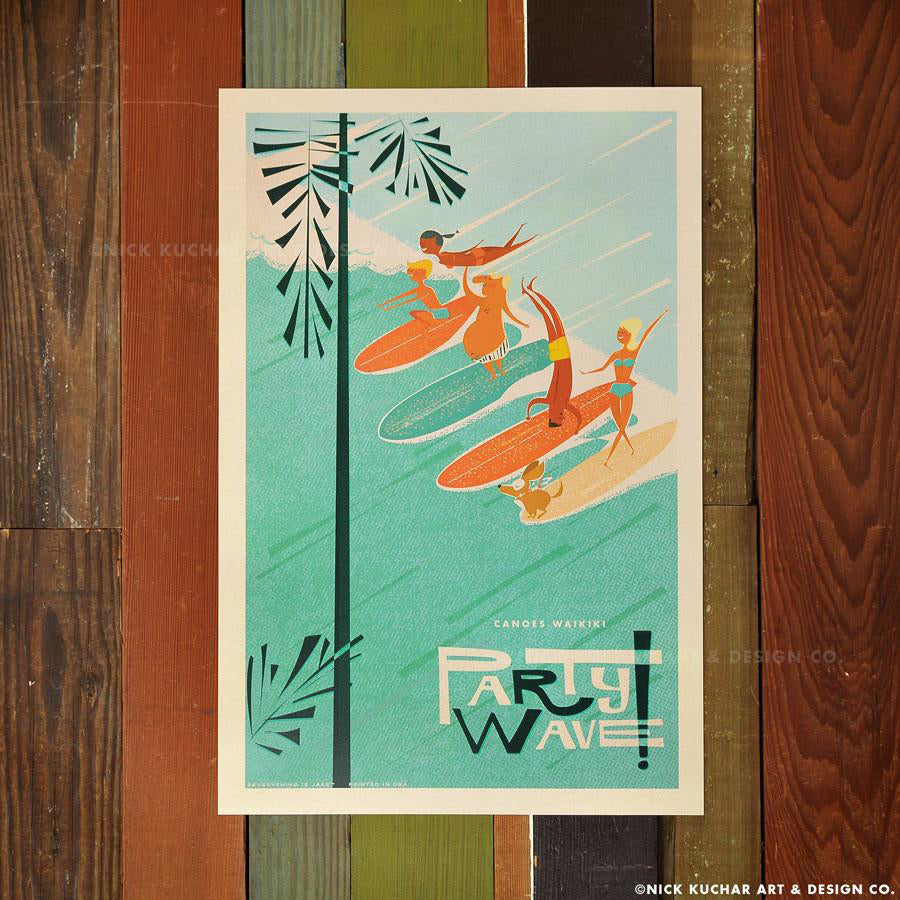 Nick Kuchar Canoes Waikiki Party Wave 12x18 Travel Print at Inner Beach Co Port Credit Ontario Canada