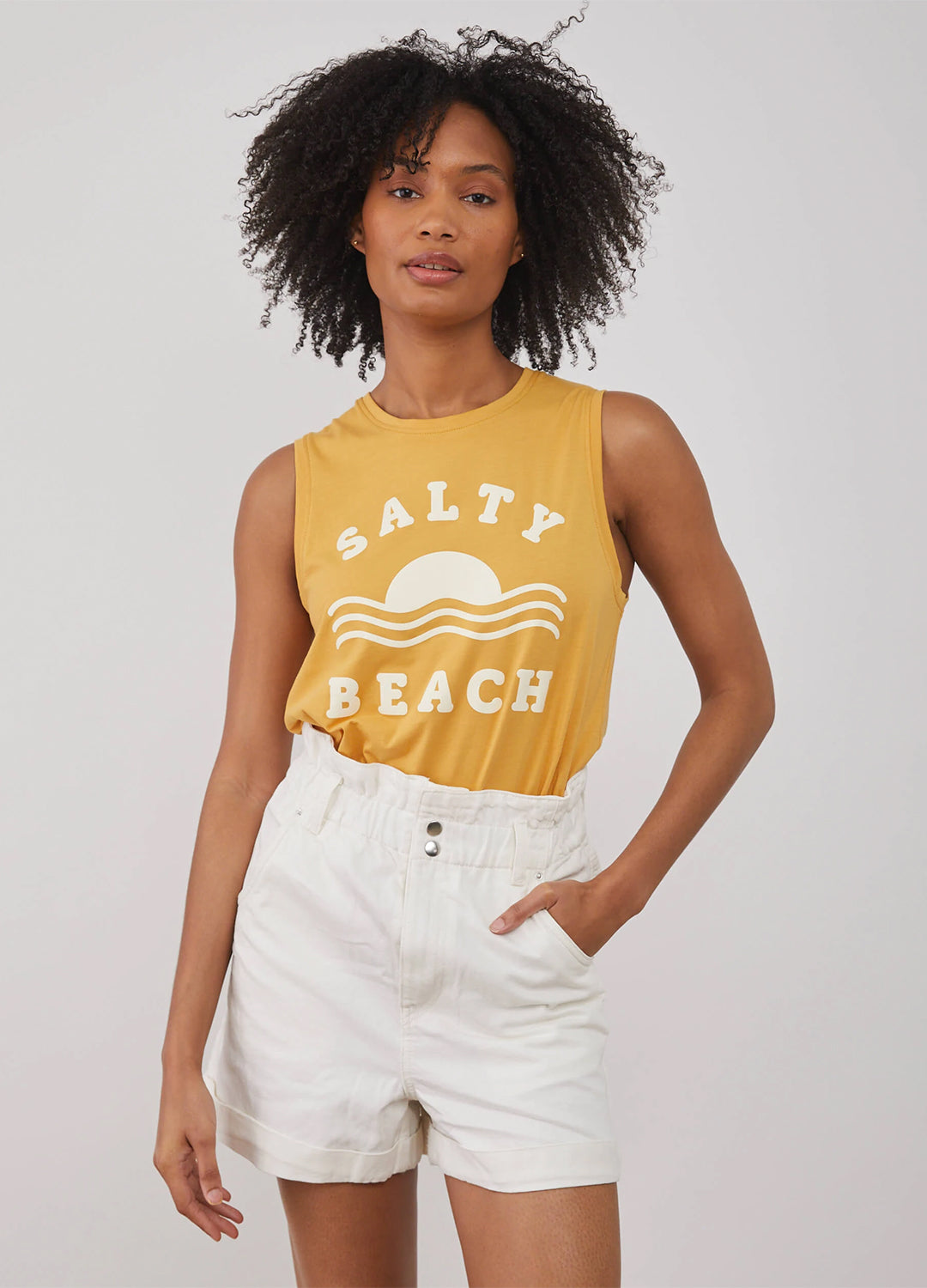 South Parade relaxed fit muscle tee adorned with Salty Beach print made of 100% Pima cotton in a happy honey yellow colour at Inner Beach Co, Toronto, Canada