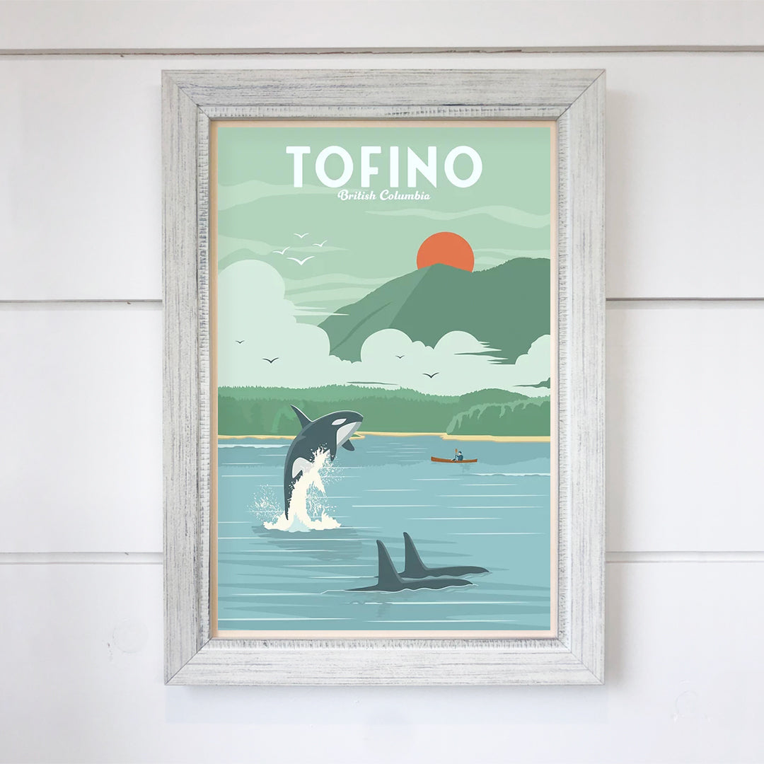 TripPoster North American 12x18 Travel Print 'Tofino - British Columbia' with orcas design at Inner Beach Co, Toronto, Ontario, Canada